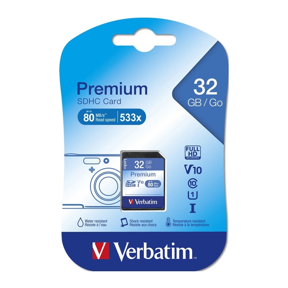 Verbatim 8GB Premium SDHC Memory Card Blue UHS-I V10 U1 Class 10 96318 